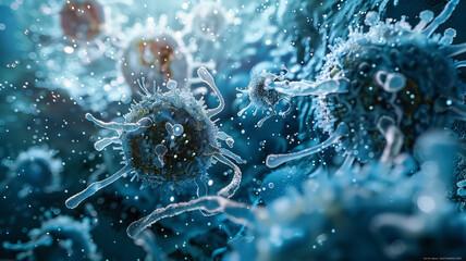 Closeup of Viruses Attacking Human Immune System Cells under Microscope. - obrazy, fototapety, plakaty