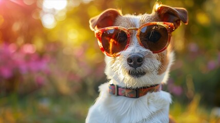 Happy dog wearing sunglasses in golden sunset light