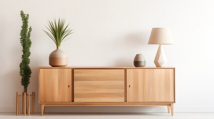 Elegant and Minimalist Wooden Sideboard with Decorations and Plants