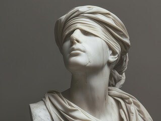 A timeless Roman era woman, her marble bust blindfolded, whispers tales of ancient wisdom, isolated on grey