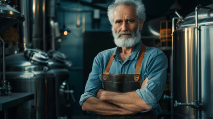 Confident craft brewer. Confident elder male brewer in apron keeping arms crossed and looking at camera while standing in front of metal tank.