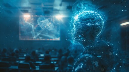 Neuroplasticity Student, Neurosuit, Digital interface jacket, Learning in futuristic classroom with holographic displays, Brain-enhancing headgear, Realistic, Spotlight, Lens Flare - obrazy, fototapety, plakaty