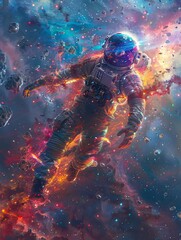 Quantum Diver, sleek suit, fearless astronaut, navigating through colorful nebulae and asteroid fields teeming with minuscule civilizations, realistic image, Backlights, HDR effect
