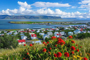 Scenic Icelandic landscape with town or village with colorful houses situated on the ocean coast in Iceland - obrazy, fototapety, plakaty
