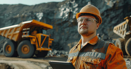 Miner worker in hard hat use computer tablet for control big yellow mining truck for coal. Concept technologies Open pit mine industry.