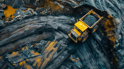 Closeup big yellow mining truck for coal on background, aerial top view. Concept Open pit mine industry