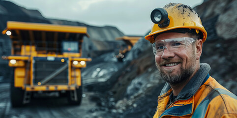 Portrait Miner worker man in hard hat background big yellow mining truck for coal. Concept Open pit mine industry.