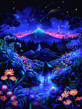 A mesmerizing blacklight painting depicting an otherworldly landscape with neon colored flora and fauna, where the night sky is filled with shimmering stars above Mount Fuji