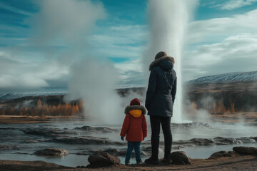 Family admiring majestic Icelandic geyser eruption. Wonderful nature of Iceland.