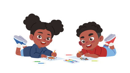 Cute boy and girl lying drawing with colored pencils lying on the floor.