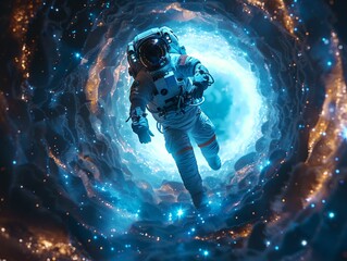 Wormhole Explorer, Spacesuit, Paradox Theory, Navigating Through a Space-Time Wormhole, Starry Night, Photography, Rembrandt Lighting, Vignette - obrazy, fototapety, plakaty