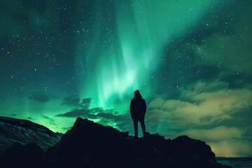 Fototapeta premium Tourist enjoying Aurora borealis over the beautiful icelandic landscape at night. Northern lights in Iceland. Starry sky with polar lights.