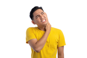 Exhausted young Asian man holding his neck in discomfort isolated on white background
