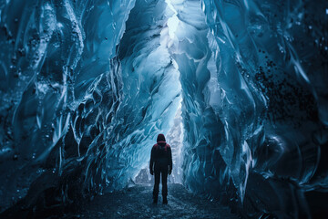 Tourist exploring majestic Icelandic ice cave. Wonderful nature of Iceland. - obrazy, fototapety, plakaty