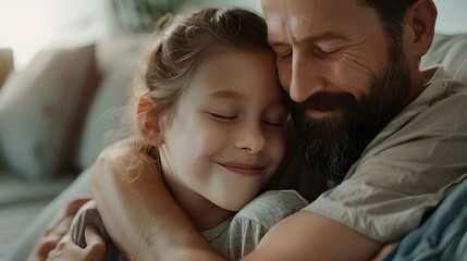 Close-up of a cheerful and lovable girl, radiating positivity, as she cuddles with her handsome bearded father on a comfortable sofa in a light-filled room with ample copy space.