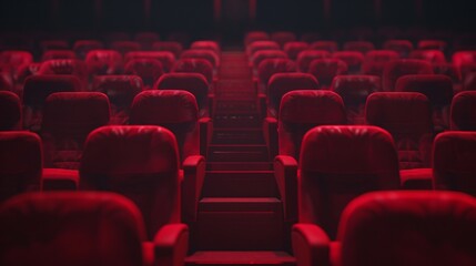 Obraz premium Red soft chairs in the stands of an empty cinema, isolated on a black background with a clipping path
