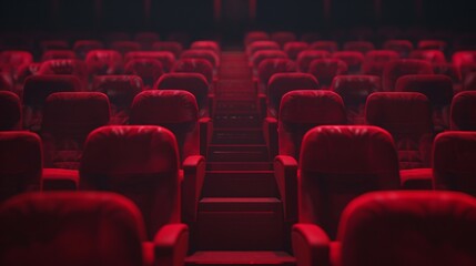 Red soft chairs in the stands of an empty cinema, isolated on a black background with a clipping path