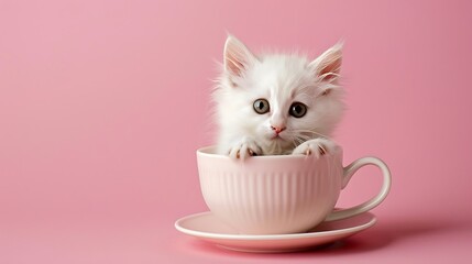 White Cat in a Coffee Cup on pink background