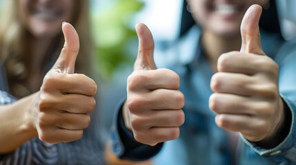Group of Happy People Giving Thumbs Up as a Sign of Approval and Satisfaction. Positive Gesture. Success Concept. Blurred Background. AI