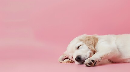 white cute retriever puppy lying down on the floor seen from the side looking up on a pink background