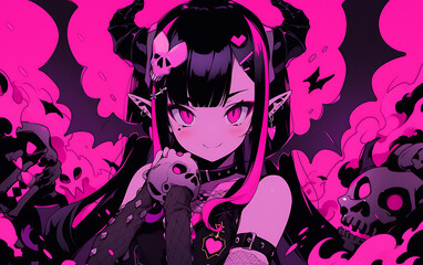 Obraz premium cyberpunk anime girl evil Crazy digital painting. demon woman dark Halloween theme. generative ai 