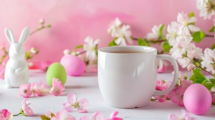Fototapeta na wymiar White mug with tea or coffee near pink and green Easter eggs rabbits and flowers on a concrete white table on a pink background