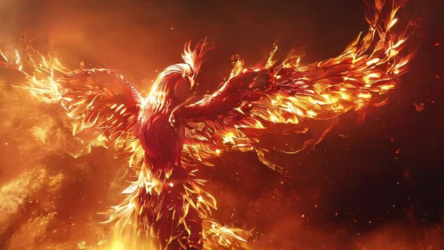 A phoenix spreads its wings, poised to take flight amidst blazing flames. Vibrant oranges and reds of the fire contrast strikingly against the dark background.