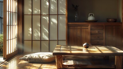 Obraz na płótnie Canvas Wooden Chabudai low dining table with pouf seat chair, teapot, brown cabinet in sunlight from shoji window
