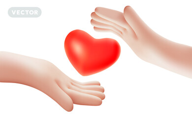 Vector care illustration of gesture hand hold red heart on white color background. 3d style design of man white skin hand take care of heart