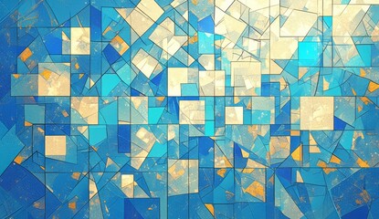 Abstract Blue and Orange Stained Glass, A blue background with abstract geometric shapes