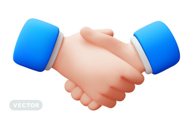 Vector illustration of gesture business man handshake in blue sleeve on white color background. 3d style design of man white skin hand shake agreement