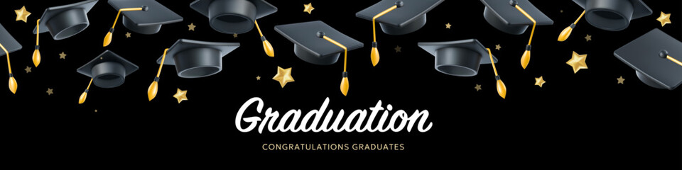 Vector illustration of graduate cap and star on black background. Caps thrown up pattern. 3d style design of congratulation graduates 2024 class with graduation hat