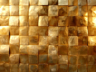 A modern tiled texture with a golden shine, each tile reflecting light differently to create a unique pattern.