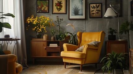 Yellow flowers on wooden table in dark living room interior with posters above armchair