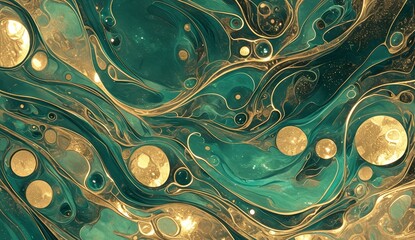 abstract fluid art, emerald green and gold, glittering liquid, swirls of watercolour