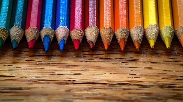 Vivid colored pencils on wood background for art concepts. Creative tools for school or hobby drawing. Colorful stationery items in a row. AI