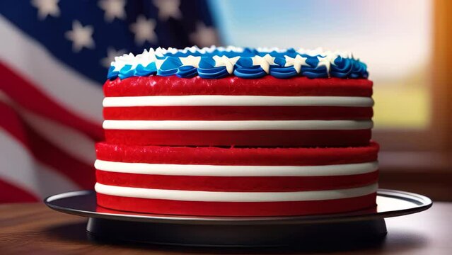 Cake with the colors of the US flag. Cake with cream over United States flag on background. Independence Day (Fourth of July). Patriotic themed dessert