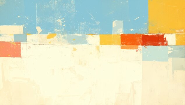 abstract painting, light blue background with large brush strokes of red and yellow