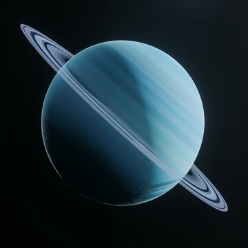 Hyper-realistic view of planet Uranus with its rings, surface details in high resolution, black space background.