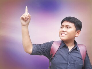 portrait boy raising hand one finger pointing