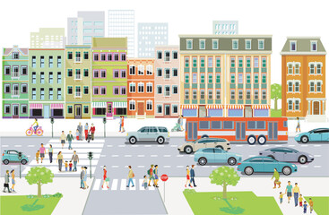 Stadtsilhouette einer Stadt mit Verkehr und Personen, illustration