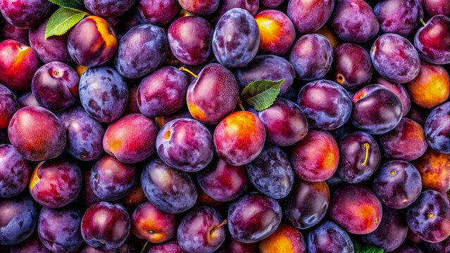 Ripe purple plums background, top view food photography. Generative ai