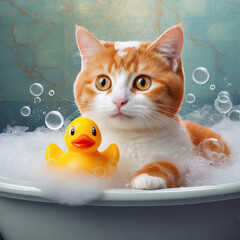 a cute orange and white cat taking a bubble bath with a rubber duck 