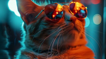 Fashionable cat in sunglasses reflecting city life