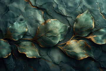 Abstract texture of dark green leaves with golden veins, fantasy background for design and decoration. Created with AI