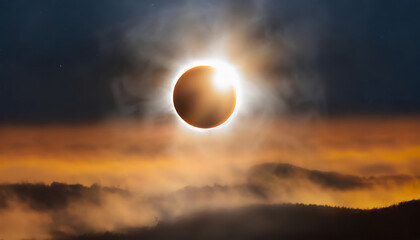 Total solar eclipse with fog - obrazy, fototapety, plakaty