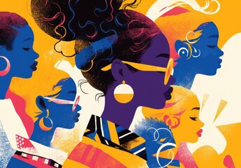 An illustration of diverse women with colorful hair and faces in profile, each representing different ideas or themes. 