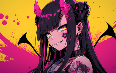 Dark Cyberpunk anime girl zombie digital painting. demon woman evil Halloween theme. generative ai	