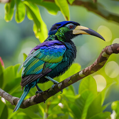 Vibrant Tropical Bird on Tree Branch Amidst Lush Green Foliage: A Snapshot from Mother Nature's Reality
