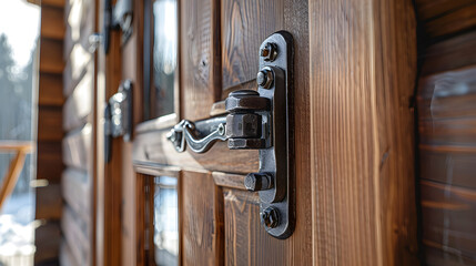 Obraz premium Detailed view of a small cabin hook latch, blending innovative design with security for windows and doors, showcasing inspired craftsmanship